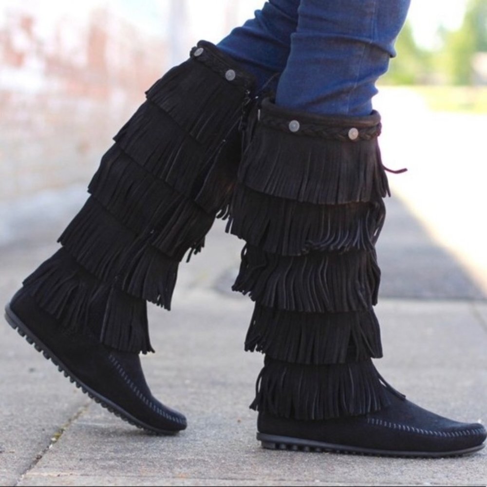 Minnetonka Black Suede 5 Layer Fringe Boot - image 1